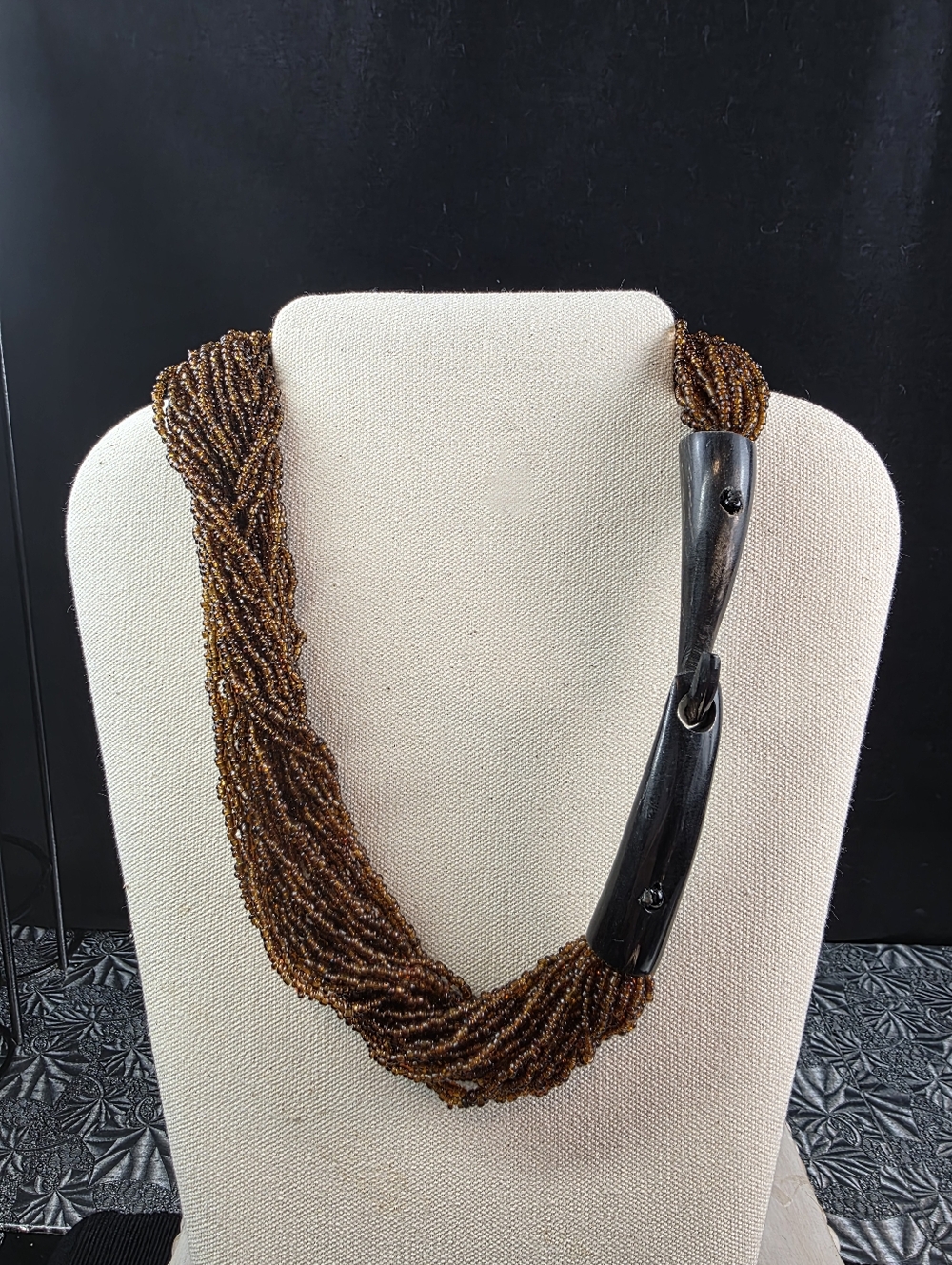 Monies Gerda Lynggaad Multi Strand Glass/Carved Horn Clasp Torsade